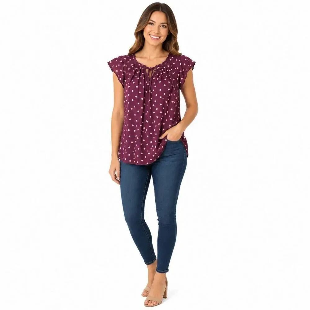 Lauren Conrad Women’s Polka Dot Ruffle Tie Back Top Size Small Plum Pink Cap Sle